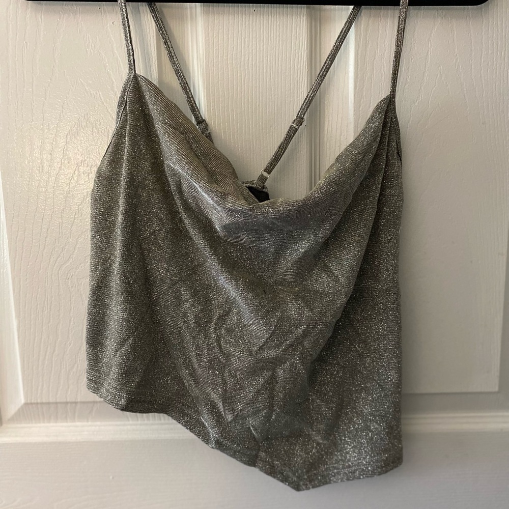 Shein silver sparkle cropped asymmetrical cross back top